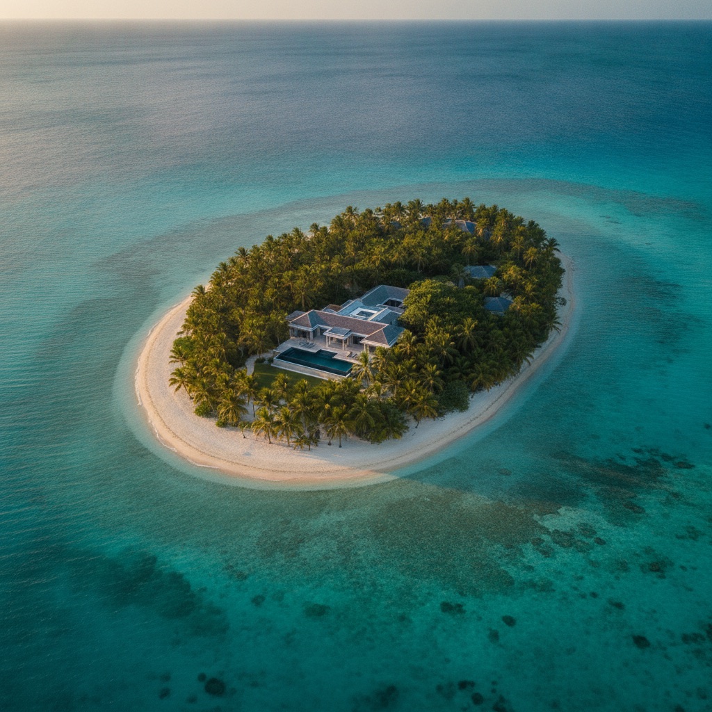Aerial view of a private emerald cay ringed by turquoise water